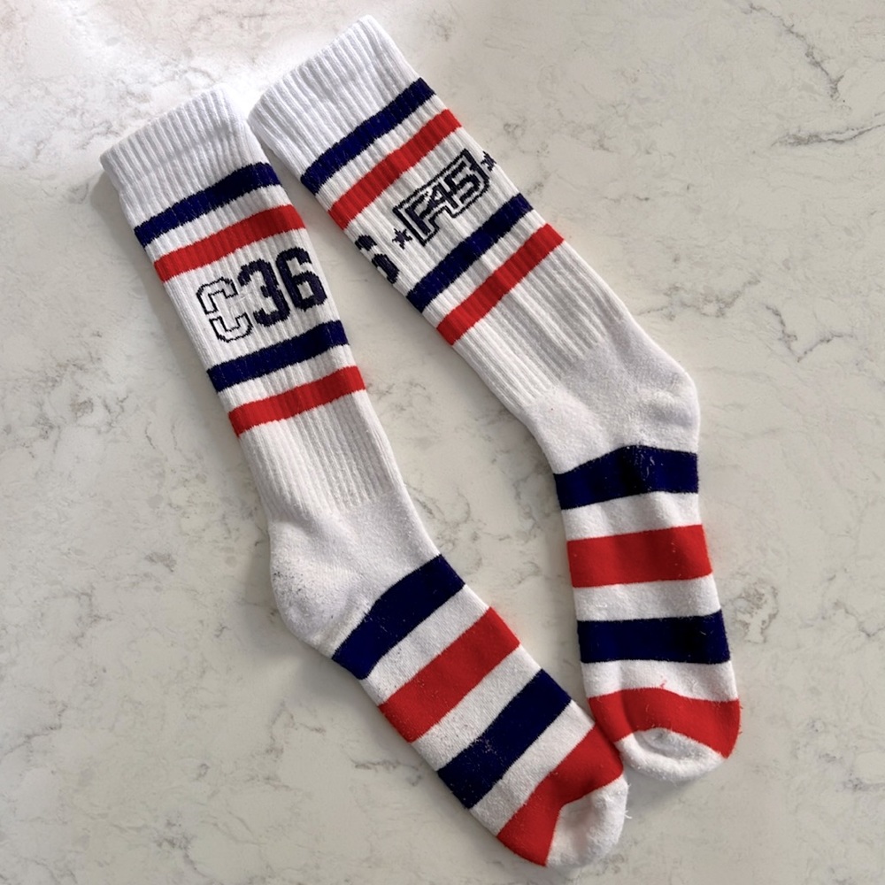 Athletic Striped Crew Socks - White with Red & Navy